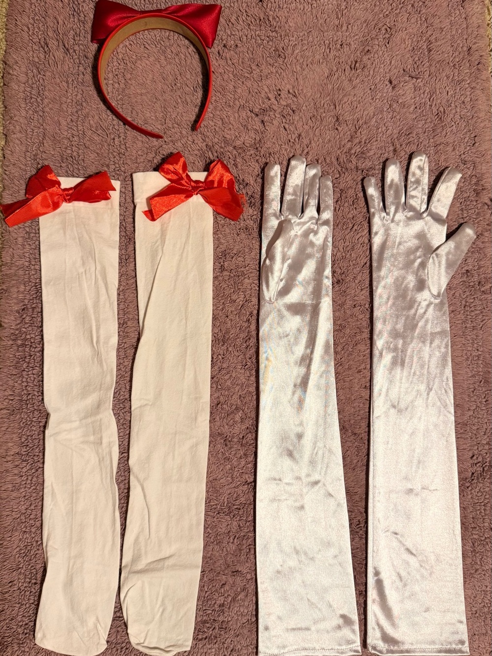 Snow white accessories.White Satin Opera Gloves and Red Bow Headband Costume Set